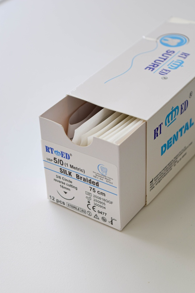 SUTURA DE SEDA 5/0.75cm LONGITUD- AGUJA 3/8 DE CÍRCULO Y 16mm LARGO