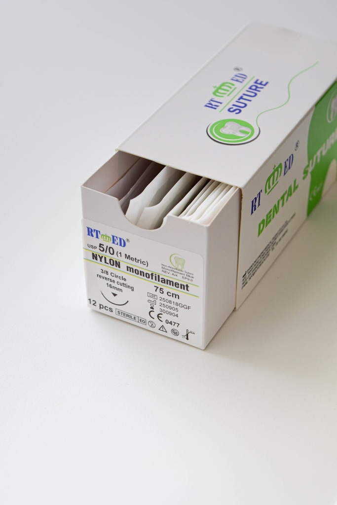 Pack de SUTURA DE NYLON 5/0.75cm LONGITUD- AGUJA 3/8 DE CÍRCULO Y 16mm LARGO x120